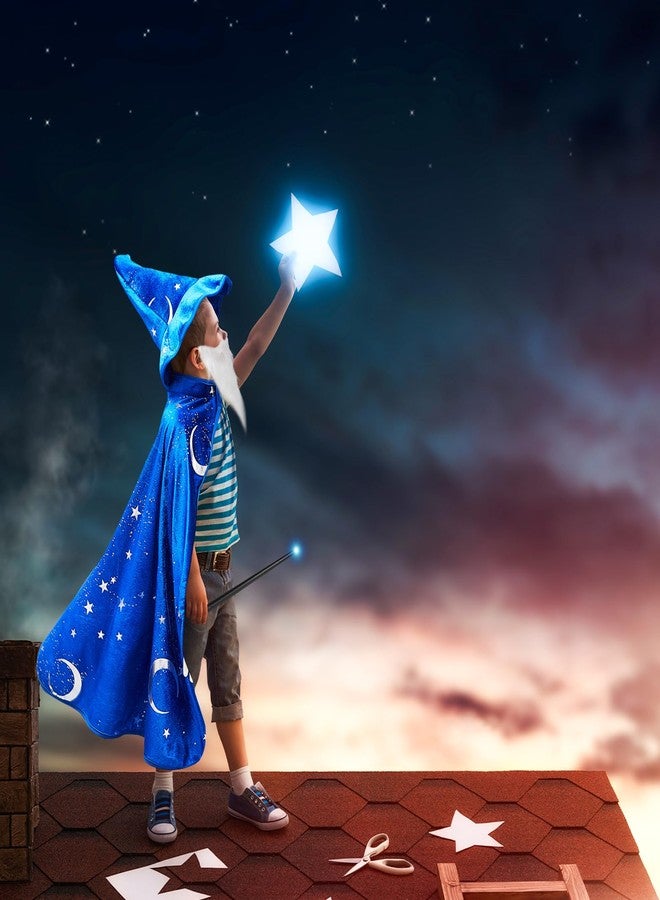 Toulite Wizard Cape for Kids Age 3-16, Witch Costume Includes Cape Hat Glowing Wand and Beard Suit for Boys Girls(M/5-7y,Blue) - Image 5
